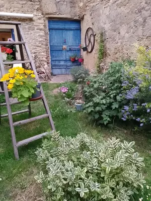 a ladder in a garden with flowers and a blue door at Maison isivier in Magrie
