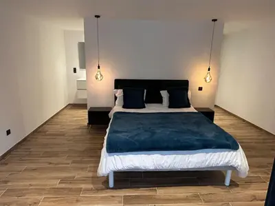 a bedroom with a large bed with a blue blanket at Villa Catalya moderne piscine chauffée in Carcassonne