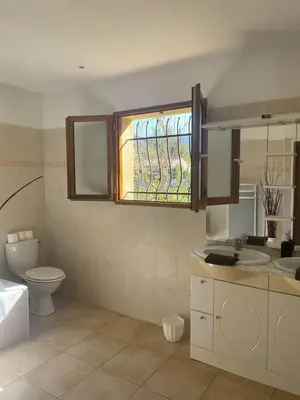 a bathroom with a toilet and a sink and a window at Quillan Villa with Pool in Quillan