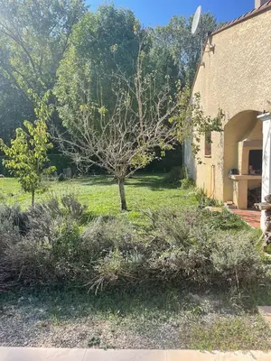 a tree in a yard next to a building at Quillan Villa with Pool in Quillan
