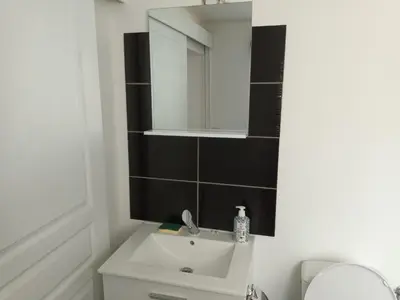 a bathroom with a white sink and a mirror at Le bon coin jardin acces autonomie parking privé in Castres