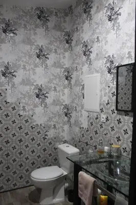 a bathroom with a toilet and a sink and wallpaper at Gîte La Tchoupetta in Peyriac-de-Mer