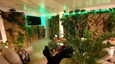 a room with potted plants and a stone wall at Tropical Lodge SPA Narbonne in Narbonne