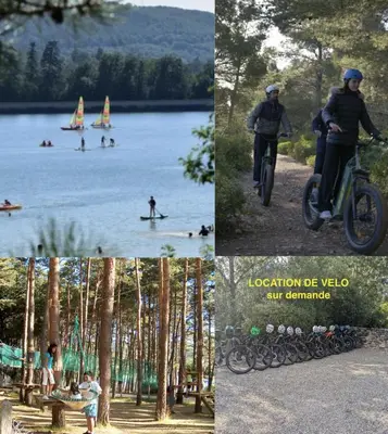 a collage of photos of people riding bikes on a lake at Gîte de France Chez Fati in Les Brunels