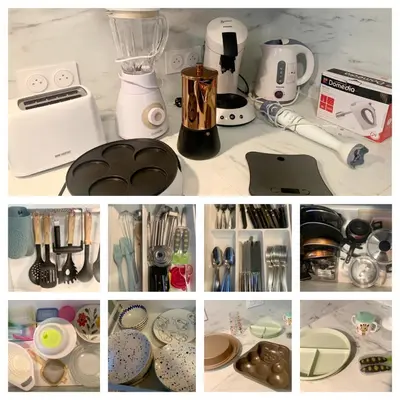 a collage of photos of a kitchen counter with appliances at Gîte de France Chez Fati in Les Brunels