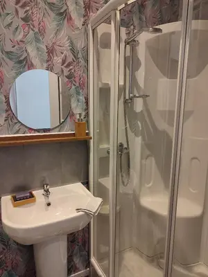 a bathroom with a sink and a shower at La Scierie in Quillan