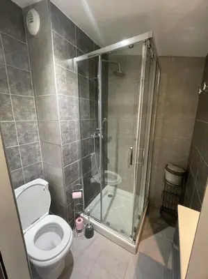 a bathroom with a shower and a toilet and a tub at Appart T2 au Vernet d'Ariège avec jardin privatif in Le Vernet