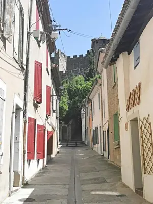 an alley with a castle in the background at Les remparts de Caroline, au pied de La Cité. in Carcassonne