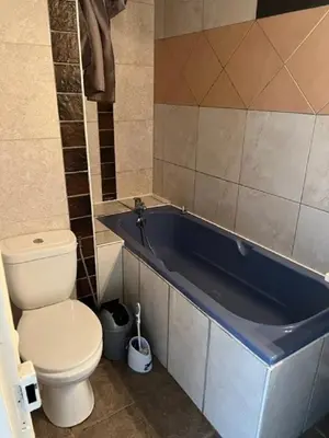a bathroom with a toilet and a blue bath tub at Marsanne cottage for 2 and 2 people in the heart of the vineyard in Badens