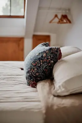 a pillow sitting on a bed next to two pillows at Domaine de Roquenégade - Piscine, sauna et bain nordique in Pradelles-en-Val
