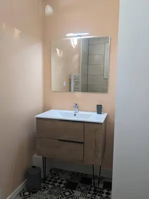 a bathroom with a sink and a mirror at Appartment - vue imprenable sur la cité médiévale - Parking gratuit - Climatisé in Carcassonne