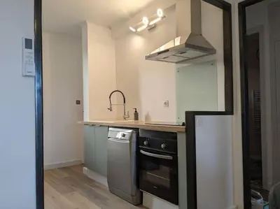 a small kitchen with a sink and a stove at Appartment - vue imprenable sur la cité médiévale - Parking gratuit - Climatisé in Carcassonne