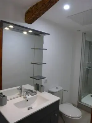 a white bathroom with a sink and a toilet at Haut de maison et piscine dans un domaine viticole in Montbrun-des-Corbières