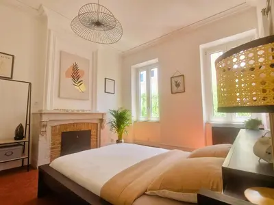 a bedroom with a large bed and a fireplace at Appartement à 100m des Barques in Narbonne
