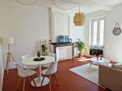 a living room with a table and chairs and a fireplace at Appartement à 100m des Barques in Narbonne