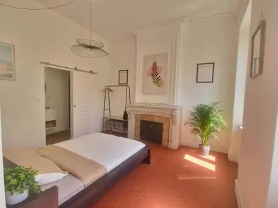 a bedroom with a bed and a fireplace at Appartement à 100m des Barques in Narbonne