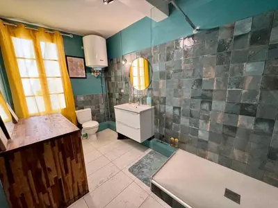 a bathroom with a sink and a toilet in it at Appartement Minervoise - Gare Carcassonne in Carcassonne