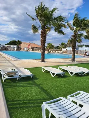 a group of lounge chairs and palm trees near a swimming pool at Anthony MH 140 in Port-la-Nouvelle