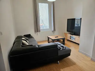 a living room with a black couch and a flat screen tv at Appartement Morgand in Narbonne