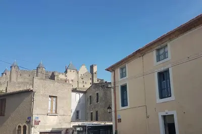 a group of buildings with a castle in the background at Le Merlane - A 2 pas de la Cité & du centre ville in Carcassonne
