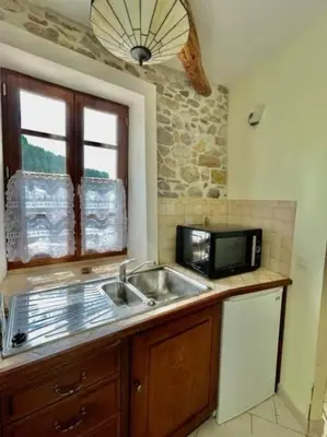 a kitchen with a sink and a microwave at Le Petit Château de Tournissan in Tournissan