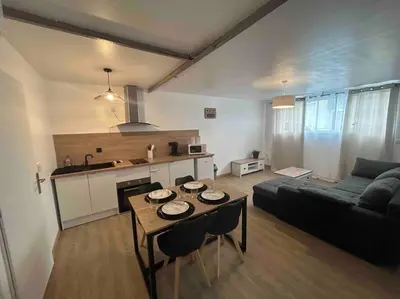 a living room with a couch and a table with chairs at Appartement proche centre ville in Castres