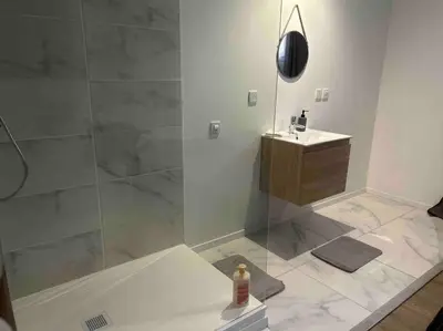 a bathroom with a shower and a sink and a bottle at Appartement proche centre ville in Castres
