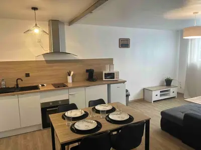 a living room with a table and a kitchen at Appartement proche centre ville in Castres