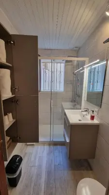 a bathroom with a shower and a sink and a toilet at Appartement calme centre ville à 80m des Halles in Narbonne