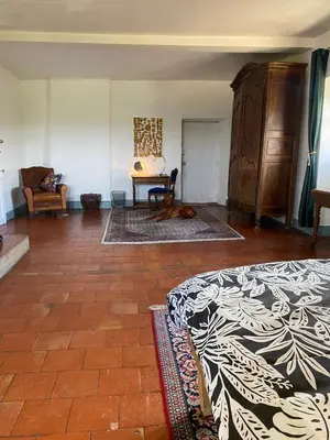a living room with a bed and a couch at Chateau de Montcuquet in Lautrec