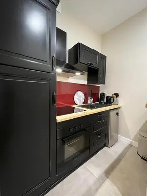 a kitchen with black cabinets and a sink at Cours République in Narbonne