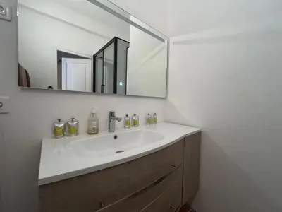 a bathroom with a sink and a mirror at VILLA AU CALME AVEC PISCINE in Moussan