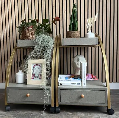 two shelves with plants and pictures on them at jouxtant le canal du midi in Trèbes