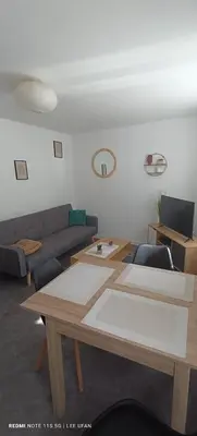 a living room with a couch and a table at T1 Bis - Centre Historique de Narbonne in Narbonne