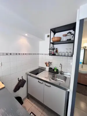 a small kitchen with a sink and a counter at Salut Le Petit Gite in Carcassonne