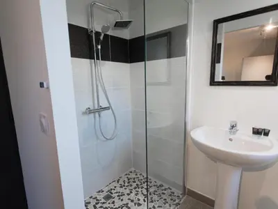 a bathroom with a shower and a sink at Luna in Aigne