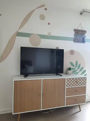 a flat screen tv sitting on top of a cabinet at Au bord de la plage du Grazel in Gruissan
