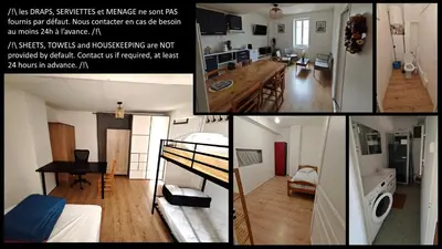 a collage of four pictures of a living room and a bedroom at Appartements simples et fonctionnels in Pamiers