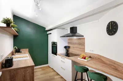 a kitchen with green and white walls and a counter at Le T2 Chic ! in Carcassonne