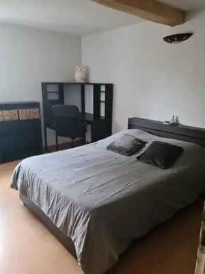 a bedroom with a large bed and a chair at Gîte à la ferme in La Tour-du-Crieu