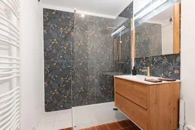 a bathroom with a shower with a sink and a mirror at superbe appartement avec cour dans la bastide in Carcassonne