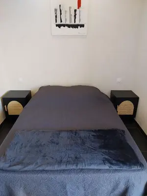 a bedroom with a bed with two tables and a picture on the wall at Le Rubis in Gruissan