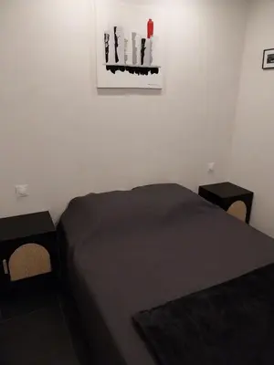 a bedroom with a bed and a picture on the wall at Le Rubis in Gruissan