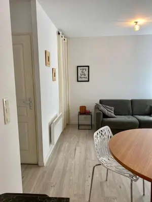 a living room with a table and a couch at Accueillant petit T2 cœur de centre ville in Lézignan-Corbières