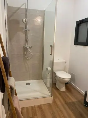 a bathroom with a shower and a toilet at Narbonne : Logement idéalement situé in Narbonne