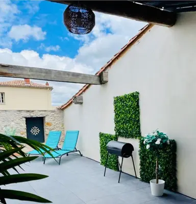 a patio with two chairs and a plant at Elegant and Charming Townhouse with roof terrace in Limoux