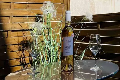 a bottle of wine sitting on a table with two glasses at Elegant and Charming Townhouse with roof terrace in Limoux