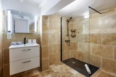 a bathroom with a shower and a sink at Les Remparts in Carcassonne