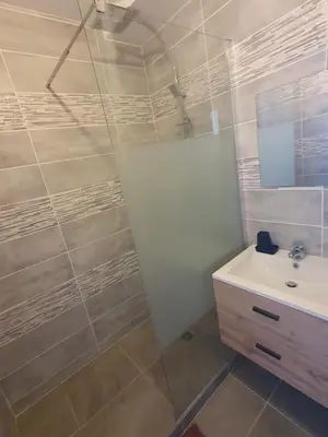 a bathroom with a sink and a shower at Jolie T3 avec terrasse in Carcassonne