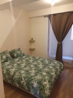 a bedroom with a bed with a green comforter and a window at Jolie T3 avec terrasse in Carcassonne